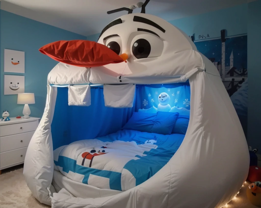 a close up of a cama with a snowman head on it, cama, miniatura do youtube, inside a child's camaroom, cama is not made, in a camaroom!!!!!!!!!!!!!!!!!!!!, with a bunk cama, congeladas, 🕹️ 😎 🔫 🤖 🚬, inspirado em Olaf Rude, large comfy cama, childs camaroom, in the camaroom at a sleepover