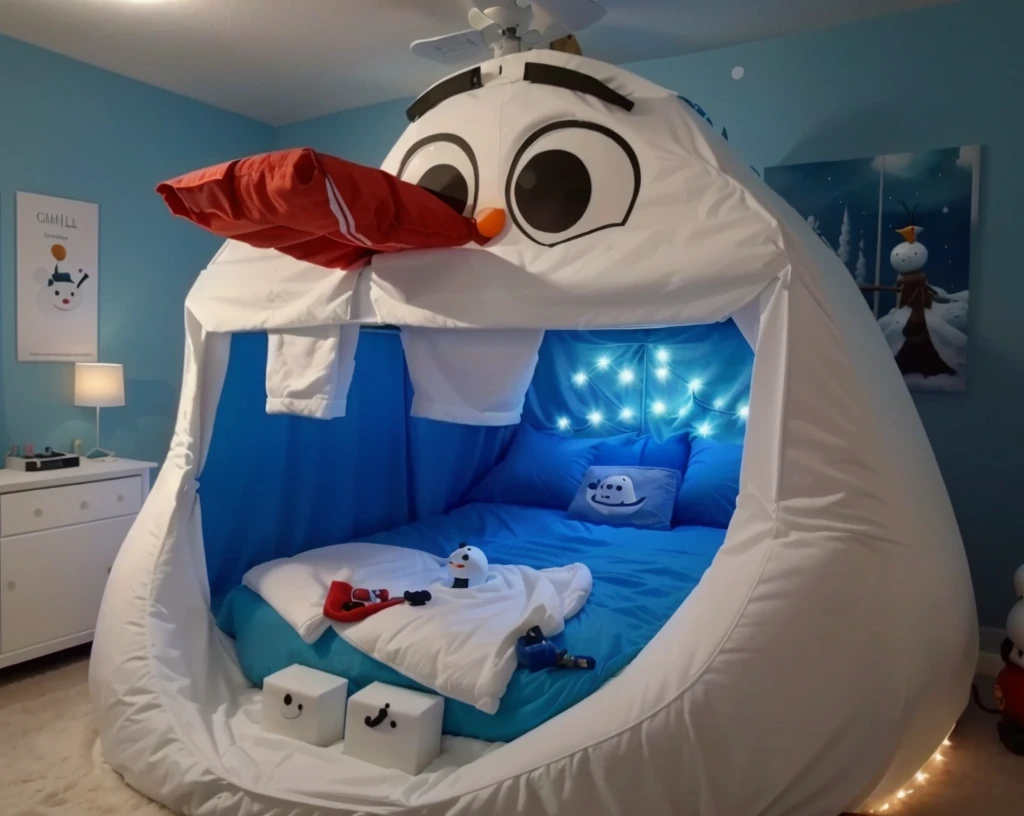 a close up of a cama with a snowman head on it, cama, miniatura do youtube, inside a child's camaroom, cama is not made, in a camaroom!!!!!!!!!!!!!!!!!!!!, with a bunk cama, congeladas, 🕹️ 😎 🔫 🤖 🚬, inspirado em Olaf Rude, large comfy cama, childs camaroom, in the camaroom at a sleepover