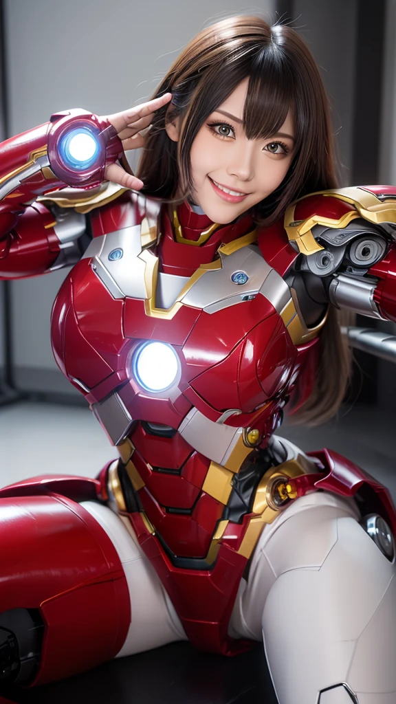 Textured skin, Super Detail, high details, High quality, Best Quality, hight resolution, 1080p, hard disk, Beautiful,(Iron Girl),Beautiful Smile,beautiful cyborg woman,Mecha Cyborg Girl,Battle Mode,Girl with a Mecha Body,She wears an Iron Man mech,powerful cyborg woman,