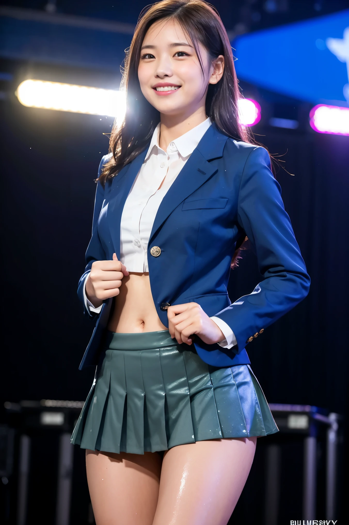 (8k), (highest quality: 1.2), (Realistic), (Realistic: 1.37), Ultra-high resolution, 1 girl, cute, (Embarrassed smile:1.2), (Blushing:1.4)Mouth closed, Beautiful details, Beautiful Nose, Wet Hair, Giant Dulcefo, pork, Thighs,Navel exposed,University Student Uniform,A simple blazer,Pleated skirt,Platform boots,Dancing on the school stage,(Shiny Thighs:1.2),Medium Shot,Thick thighs,Super Low Angle