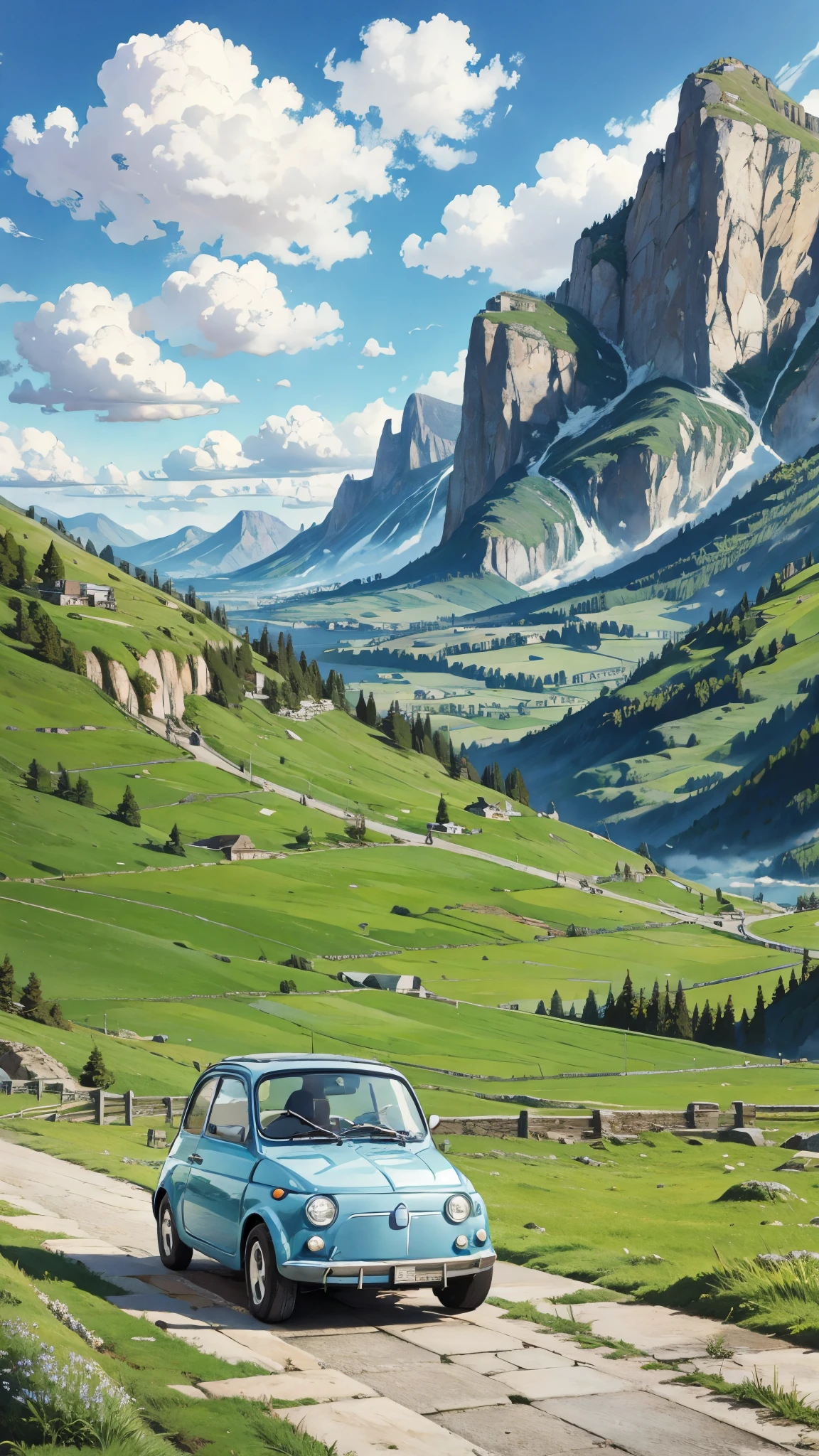 (masterpiece:1.2, Highest quality),(Very detailed),(((Anime Style))),8k,wallpaper,Ultra-fine painting,Fiat 500,Run,Mountainous area,blue sky,(((Ghibli style)))