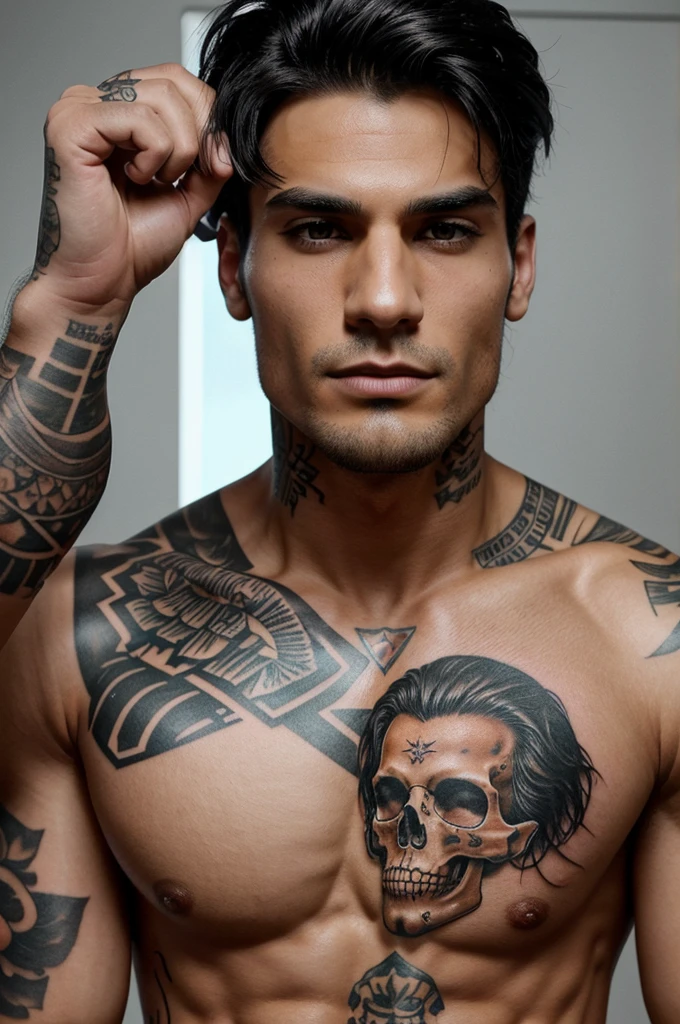 A man with brown eyes jawline pitch black hair and nationality being russian and american tattoos all over his body and a skull tattoo on his chest.