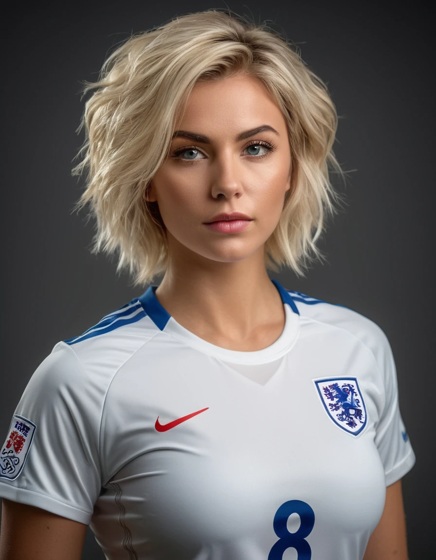 beautiful blonde woman wearing a tight England football shirt and lace gstring panties, full body picture, intricate detailed face, perfect body, athletic body, beautiful detailed eyes, beautiful detailed lips, long eyelashes, muscular athletic figure, dynamic action pose, (best quality,4k,8k,highres,masterpiece:1.2),ultra-detailed,(realistic,photorealistic,photo-realistic:1.37),HDR,UHD,studio lighting,ultra-fine painting,sharp focus,physically-based rendering,extreme detail description,professional,vivid colors,bokeh,sports,football,portrait, (messy bob hairstyle, white blond hair color), messy hairstyle, messy bob, messy hairstyle, white blond, 5 foot 3 inches tall, 110 pounds in weight, 34G breasts, large firm round breasts, very large breasts, cleavage, photorealistic, 4K, 8K, UHD, long shot,