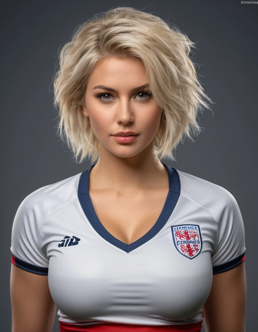 beautiful blonde woman wearing a tight England football shirt and lace gstring panties, full body picture, intricate detailed face, perfect body, athletic body, beautiful detailed eyes, beautiful detailed lips, long eyelashes, muscular athletic figure, dynamic action pose, (best quality,4k,8k,highres,masterpiece:1.2),ultra-detailed,(realistic,photorealistic,photo-realistic:1.37),HDR,UHD,studio lighting,ultra-fine painting,sharp focus,physically-based rendering,extreme detail description,professional,vivid colors,bokeh,sports,football,portrait, (messy bob hairstyle, white blond hair color), messy hairstyle, messy bob, messy hairstyle, white blond, 5 foot 3 inches tall, 110 pounds in weight, 34G breasts, large firm round breasts, very large breasts, cleavage, photorealistic, 4K, 8K, UHD, long shot, 