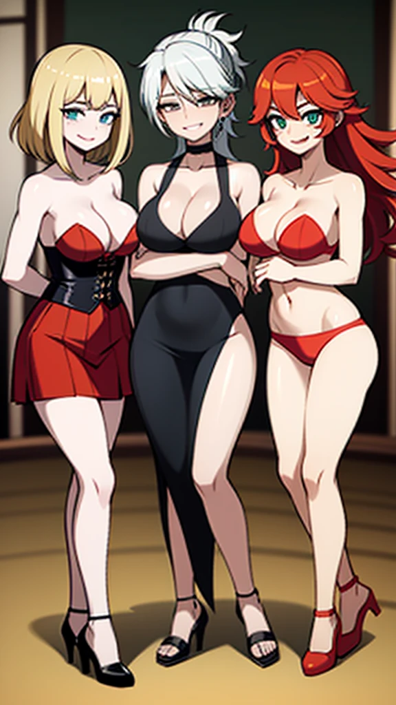 three sexy women , flustered smiles, women have various hairstyles and hair colors, looking at camera