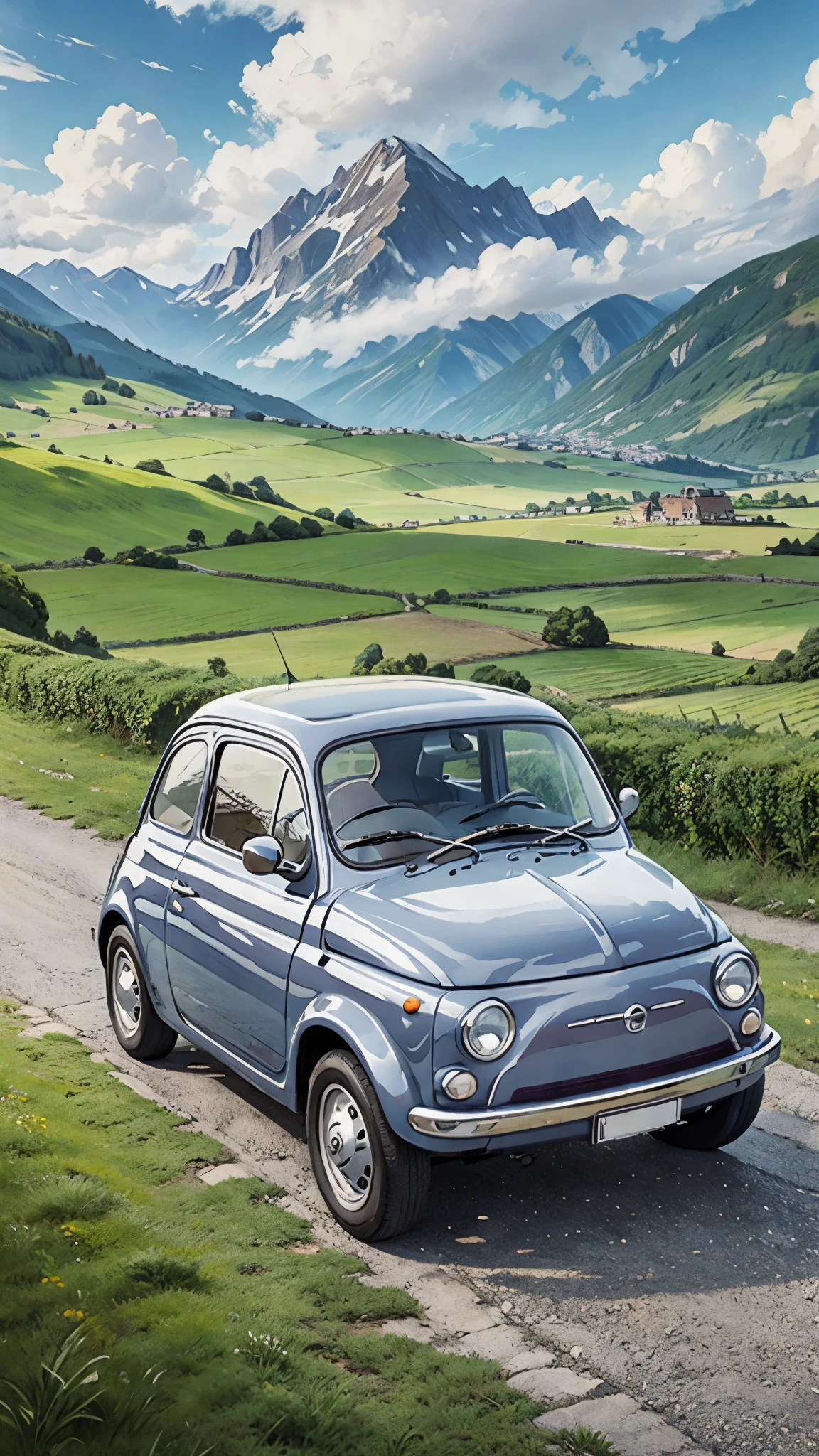 (masterpiece:1.2, Highest quality),(Very detailed),(((Anime Style))),8k,wallpaper,Ultra-fine painting,Fiat 500,Run,Mountainous area,blue sky,(((Ghibli style)))