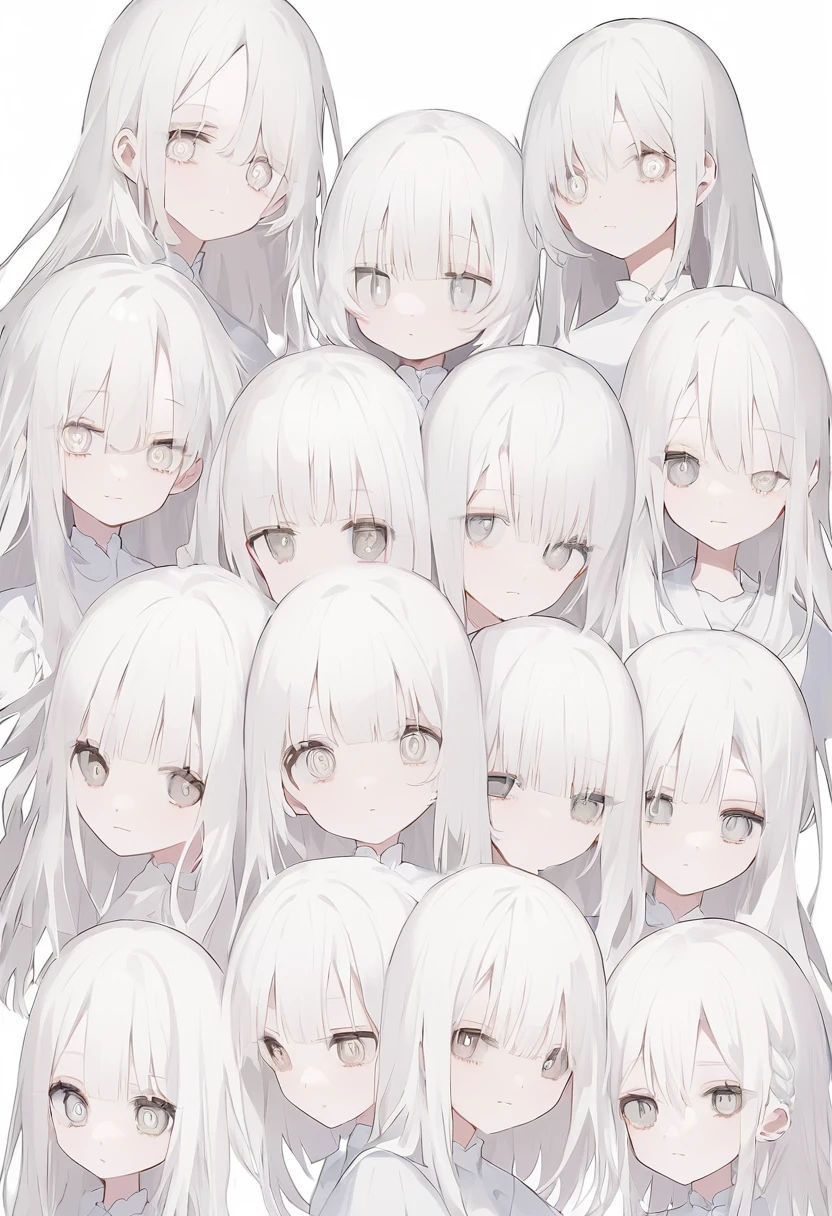Anime Style、off white色、off white、Girl、Light white hair、Hair color is off white、Thin hair white、Long Hair、Eye color is pale white、Pale white eyes、Off-white eyes、White eyes、真っWhite eyes、All of the eyes are off white、All-white girl、off white色のGirl、White background、White background、White room、There are highlights on the eyes、emotionless、cute、An endearing look、beautiful