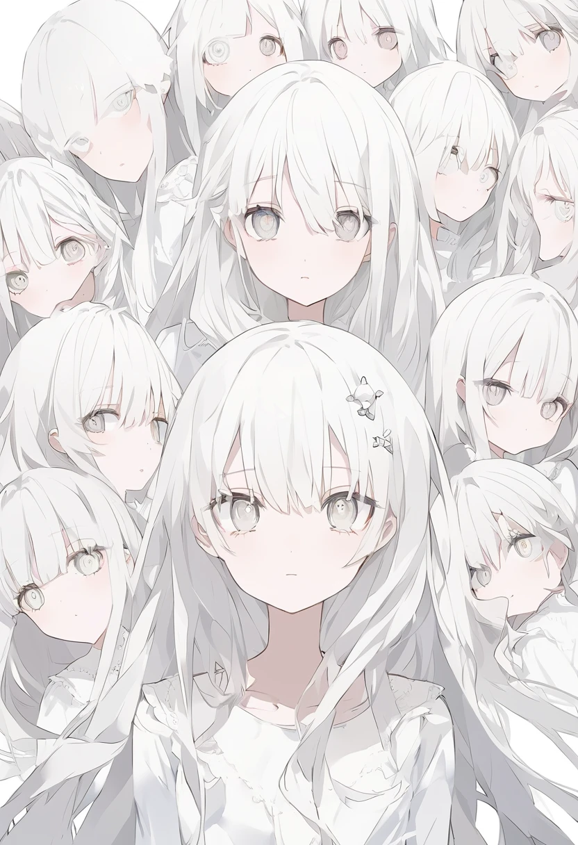 Anime Style、off white色、off white、Girl、Light white hair、Hair color is off white、Thin hair white、Long Hair、Eye color is pale white、Pale white eyes、Off-white eyes、White eyes、真っWhite eyes、All of the eyes are off white、All-white girl、off white色のGirl、White background、White background、White room、There are highlights on the eyes、emotionless、cute、An endearing look、beautiful