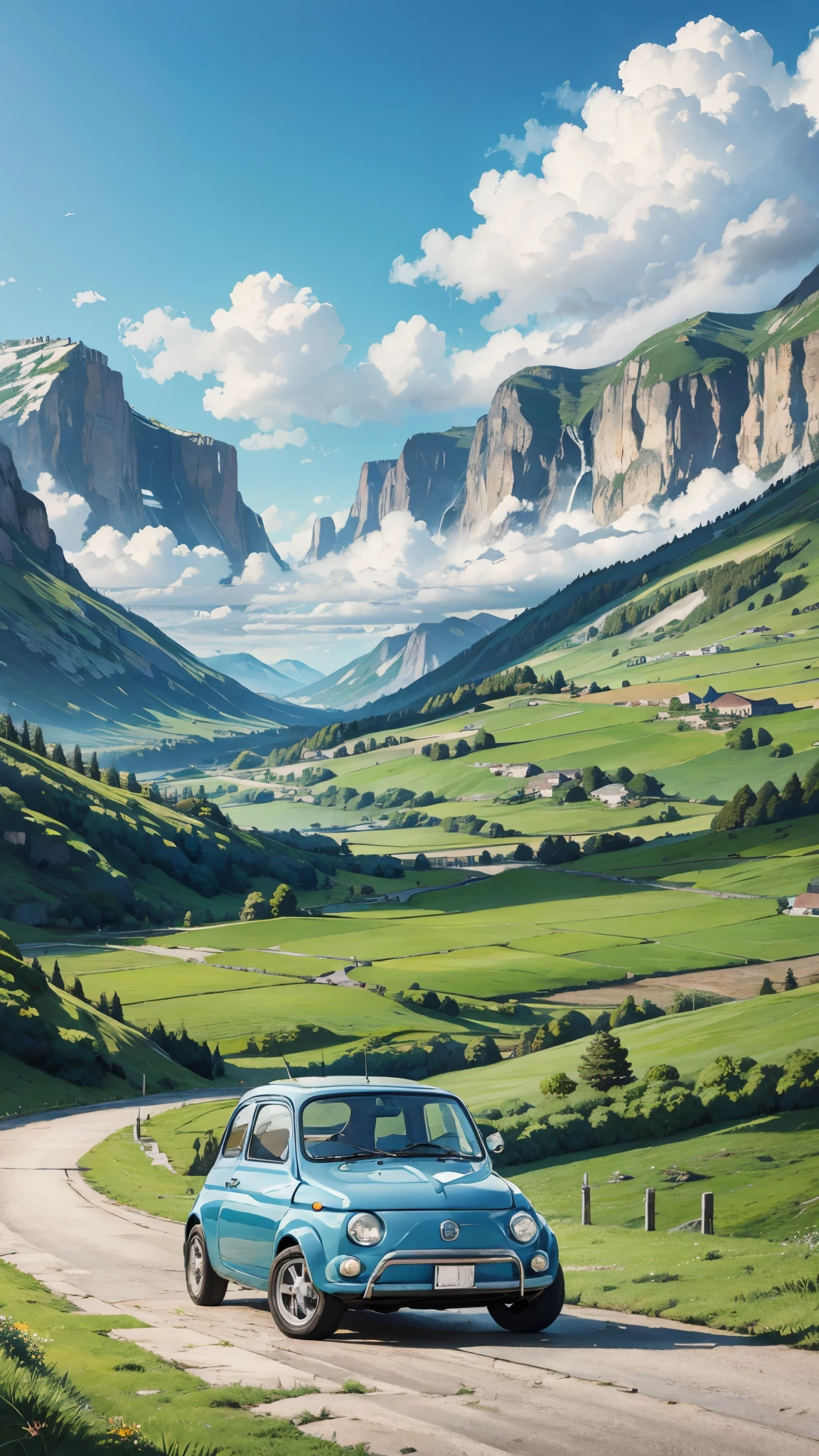 (masterpiece:1.2, Highest quality),(Very detailed),(((Anime Style))),8k,wallpaper,Ultra-fine painting,Fiat 500,Run,Mountainous area,blue sky,(((Ghibli style)))