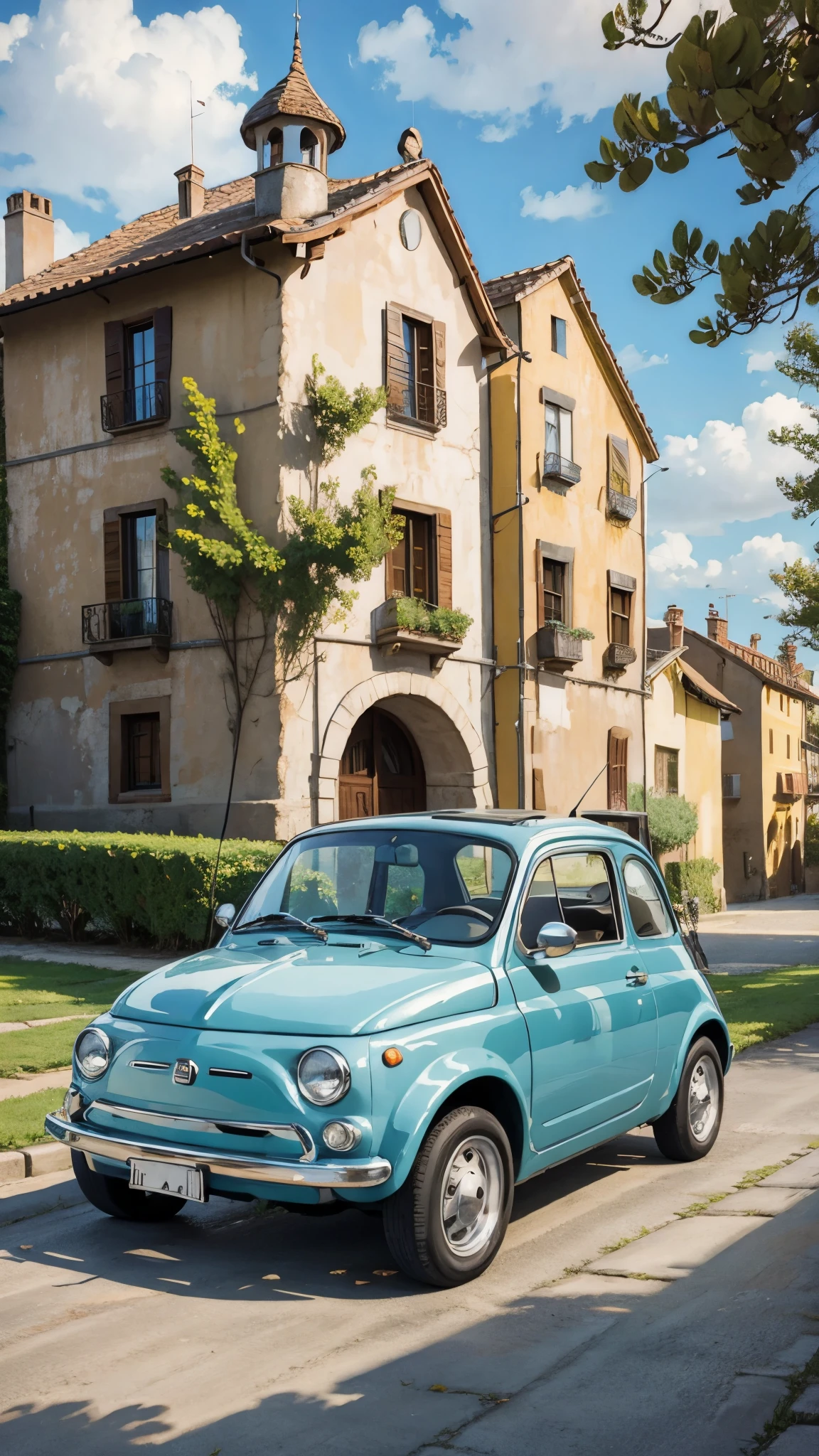 (masterpiece:1.2, Highest quality),(Very detailed),(((Anime Style))),8k,wallpaper,Cream-colored Fiat 500,Run,(Castle of Cagliostro),blue sky,(((Ghibli style)))