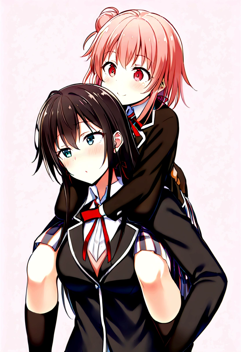 2 grils Yuigahama Yui giving yukino yukinoshita piggyback ride, Yukinoshita Yukino takes a piggyback ride, size difference, yukino Yukinoshita,