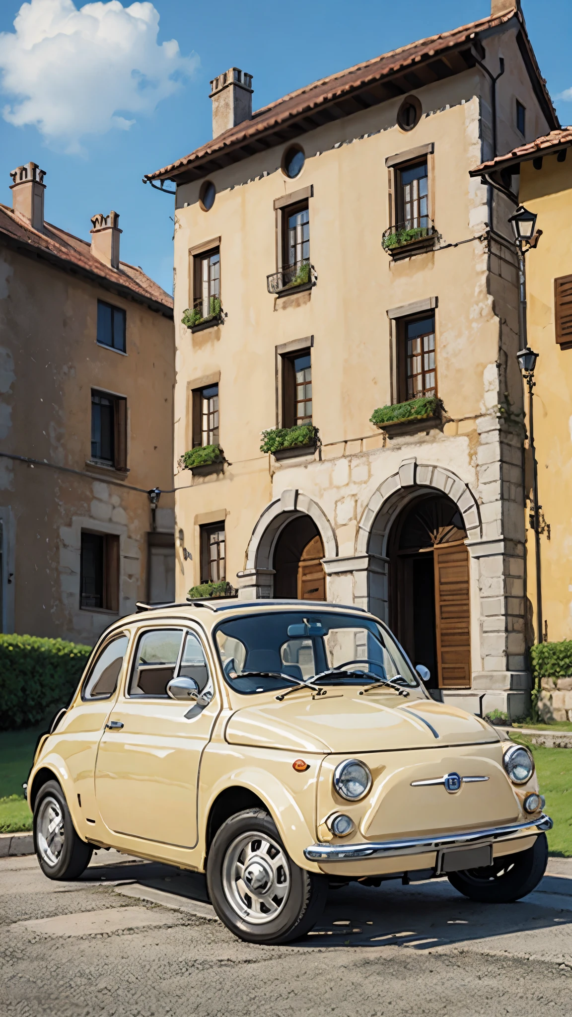 (masterpiece:1.2, Highest quality),(Very detailed),(((Anime Style))),8k,wallpaper,Cream-colored Fiat 500,Run,(Castle of Cagliostro),blue sky,(((Ghibli style)))