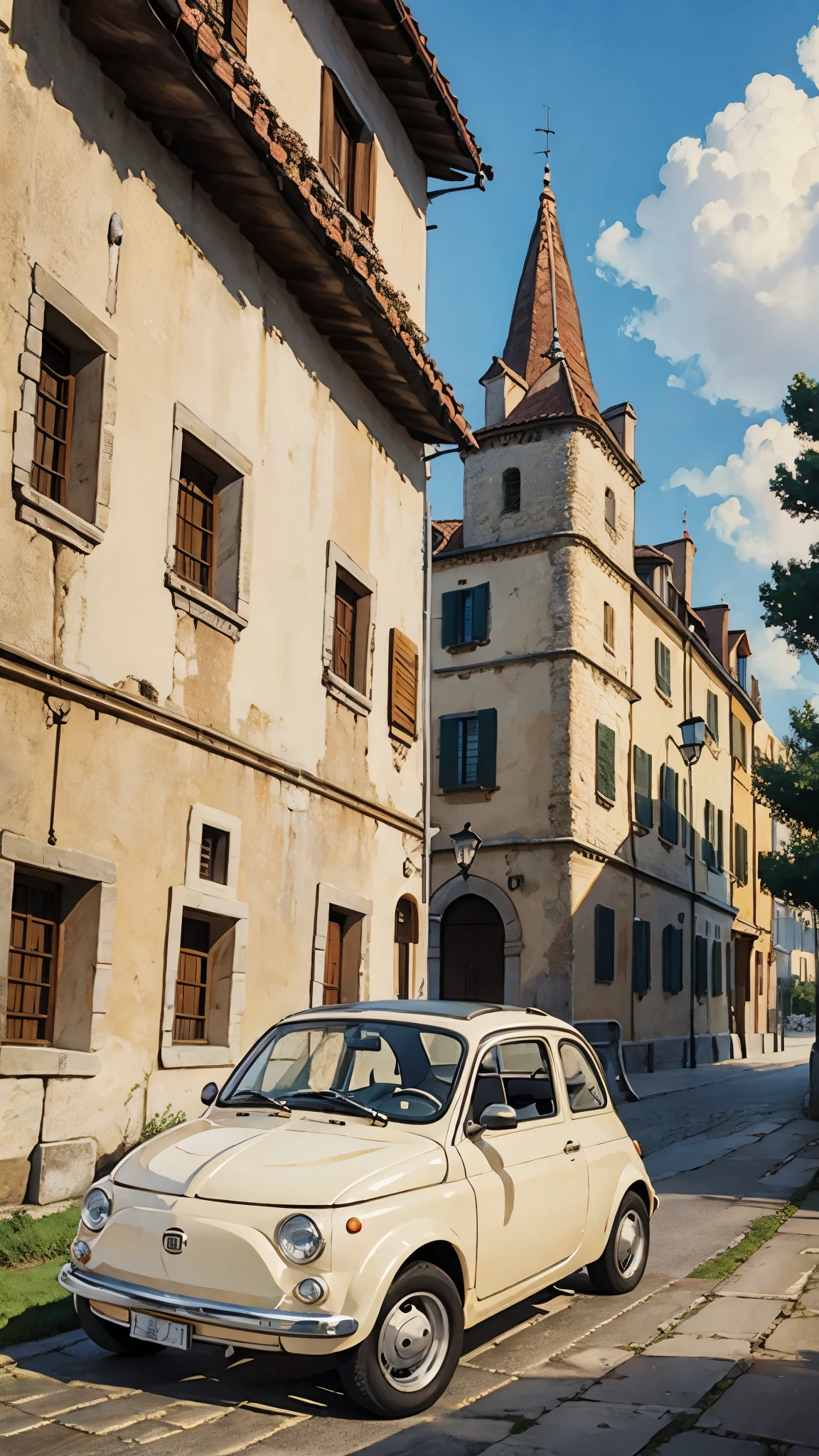 (masterpiece:1.2, Highest quality),(Very detailed),(((Anime Style))),8k,wallpaper,Cream-colored Fiat 500,Run,(Castle of Cagliostro),blue sky,(((Ghibli style)))