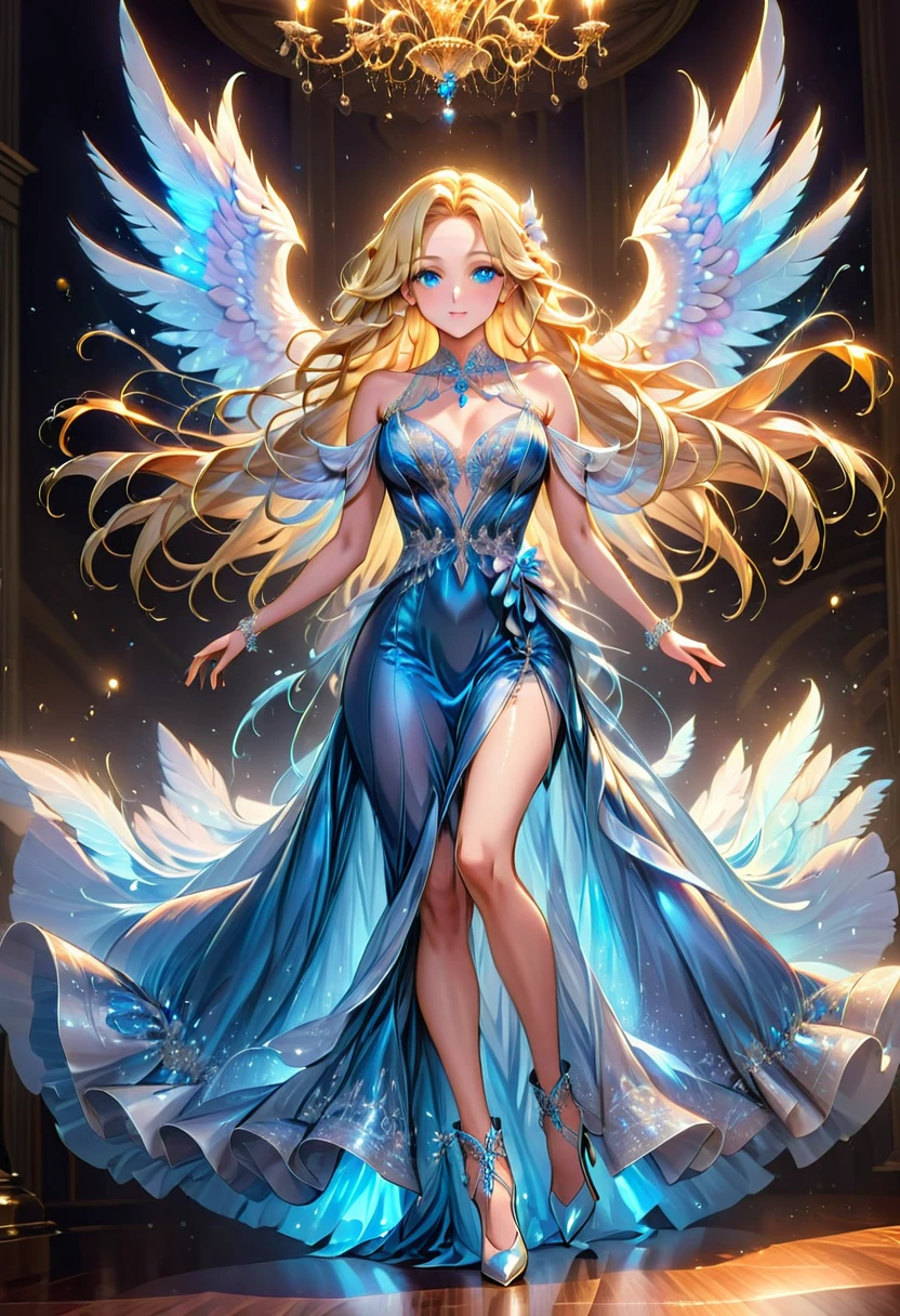 Arafed, a picture of a female angel in high society prom event, divine beautiful female angel, blond hair, long hair, flowing hair, the hair glows in a soft light, cerulean eyes, deep light eyes, divine beautiful face, folded white feather wings, she wears an evening dress, elegant, ((dynamic colored dress: 1.3)), intricate detailed dress, silk dress, she wears elegant high heeled boots, exquisite high heeled boots, high society prom room background, ((dynamic angle: 1.5) , soft torch light, (Masterpiece: 1.5), 16k, highres, best quality, high details, ultra detailed, masterpiece, best quality, (extremely detailed), AngelStyle, GlowingRunesAI_paleblue