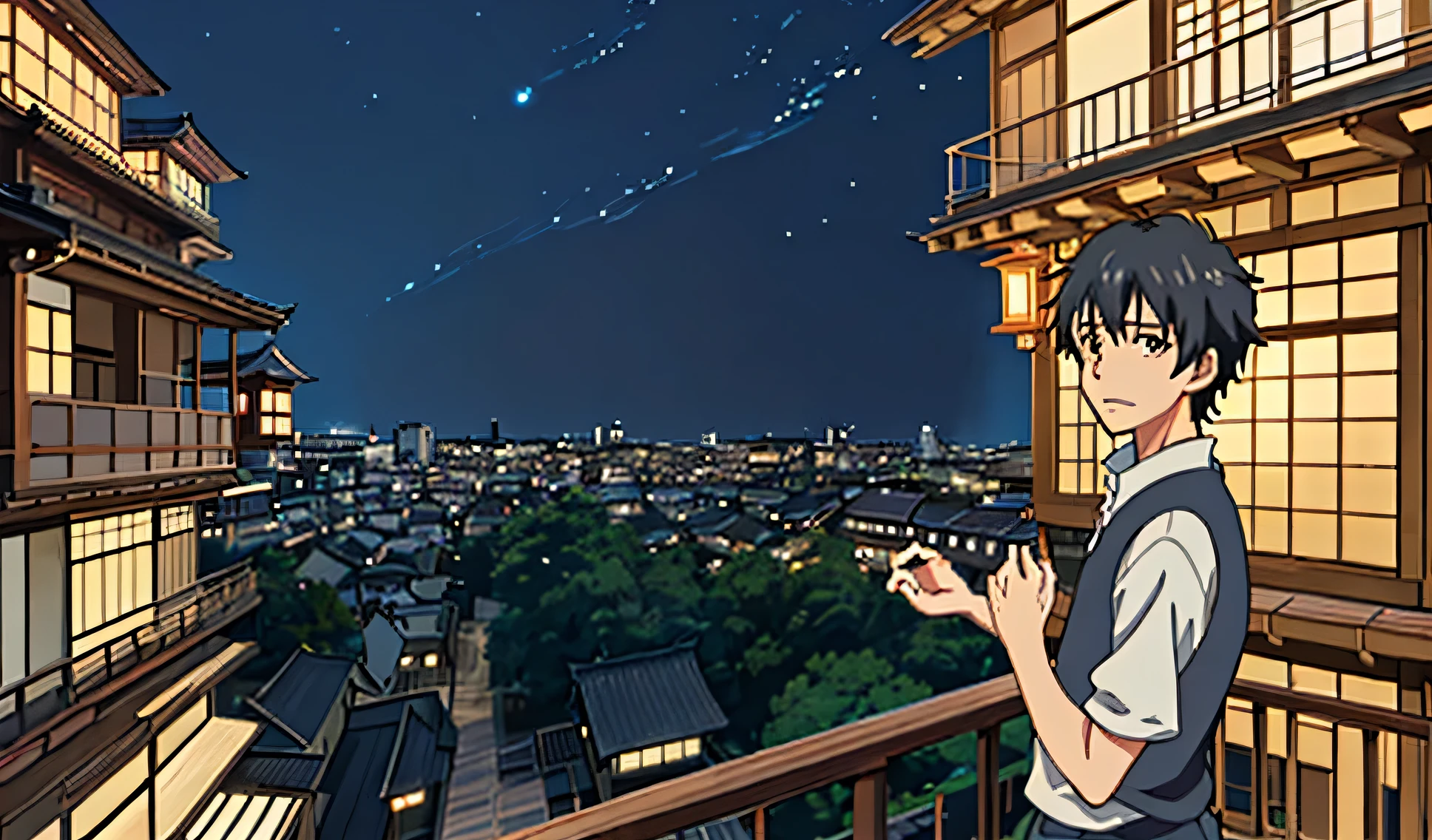 A boy standing in his beautiful wooden balcony of his apartment, his balcony is huge, nighttime, masterpiece, ultradetailed, from an anime scene, in makoto shinkai style, Kyoto animation, Ghibli studios