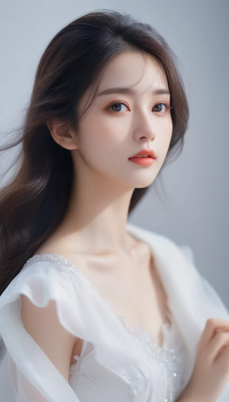 Close-up of a long-haired woman in a white dress, Soft portrait shots 8 k, artwork in the style of Gu Weiss, Gu Weiss, Beautiful face, Practical. cheng yi, Cute and delicate face, Long hair and sharp eyes, beautiful Practical face, Extremely beautiful face, inspired by Yanjun Cheng, Stunning anime face portraits