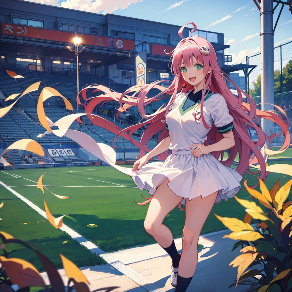 (masterpiece, best quality, detailed), 1girl, solo, looking at viewer, aalala, long hair, ahoge, hair ornament, green eyes, breasts, 
soccer uniform, school yard, field, standing split, standing on one leg, smile, open mouth,soccer stadium