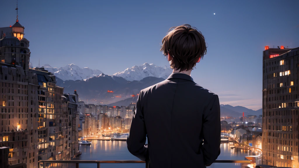 1 Boy, medium light brown hair, light blue eyes, wearing black suit, night city, 18+ , high res, ultrasharp, 8K, masterpiece, looking from behind