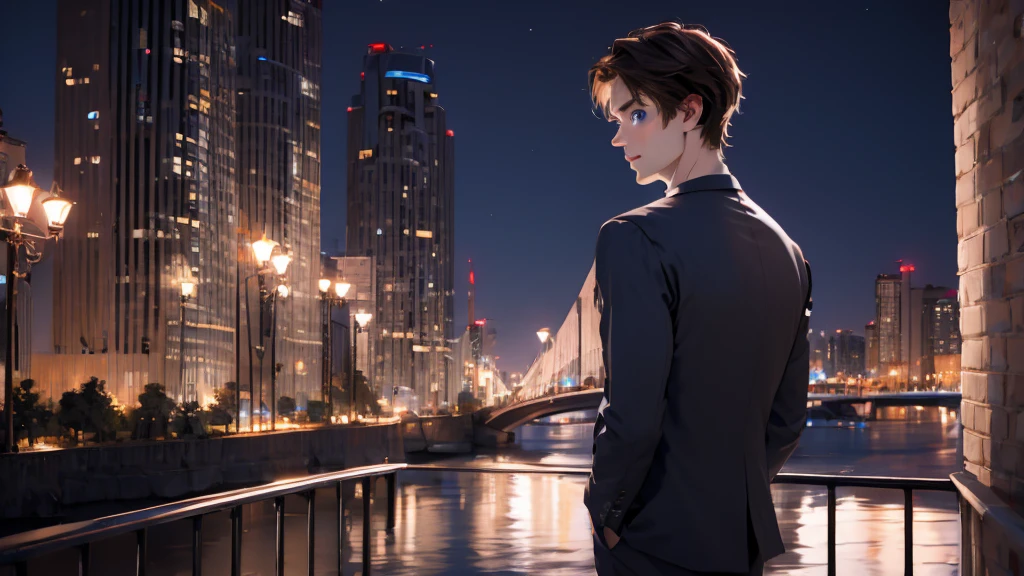 1 Boy, medium light brown hair, light blue eyes, wearing black suit, night city, 18+ , high res, ultrasharp, 8K, masterpiece, looking from behind