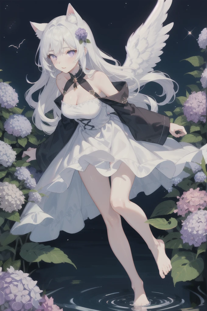 A delicate and elegant girl, Long wavy hair that reaches the knees,White hair is very attractive.., Detailed and precise manual work, Attractive girl, White cat ears, look at me, Purple eyes and white eyelashes,Her cheeks turned red,Big angel wings,On the water, A subject that stands out against the dark night sky,A lot of hydrangea, White Dress, Dramatic moonlight that makes your subject stand out, barefoot,Ankle decoration,