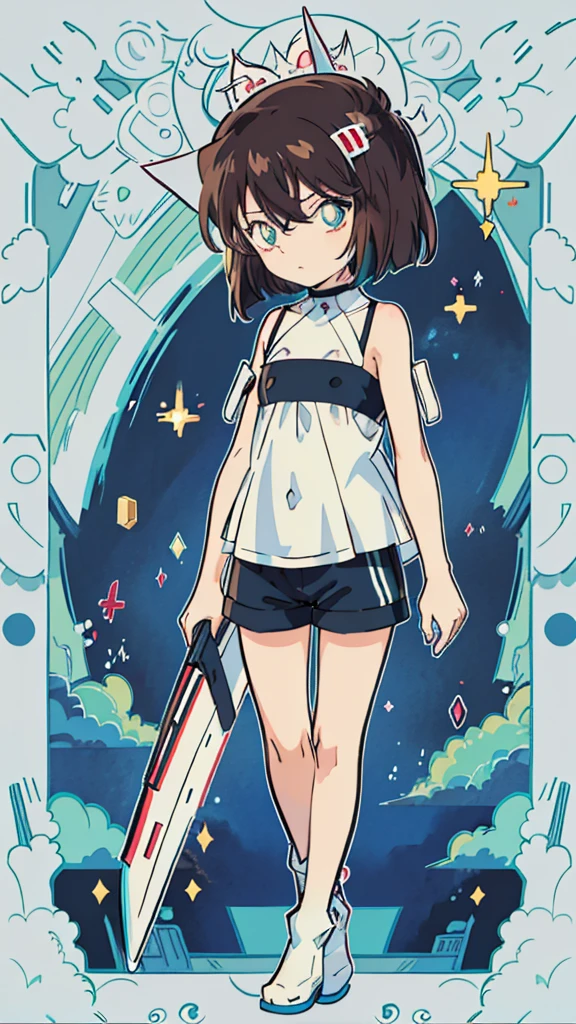 anime style, (1girl in, Solo:1.0), (Haibara Ai), ((Short pants)), (((Big eyes))), (Cute anime girl head), (flat chest),looking at viewer,With a height of 100cm, shoot from front, (head shot), Simple line minimalism, Abstract Art, City background