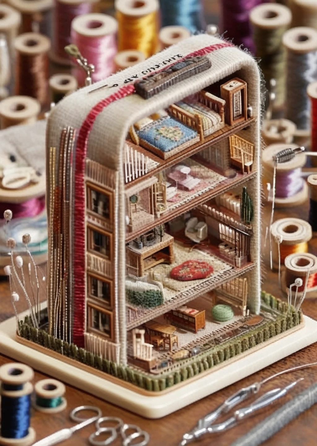 a miniature of a model of a house inside a A sewing needle stitches together fabric, weaving a micro world of threads into garments that tell stories. , incredibly detailed, a microscopic photo, photorealism