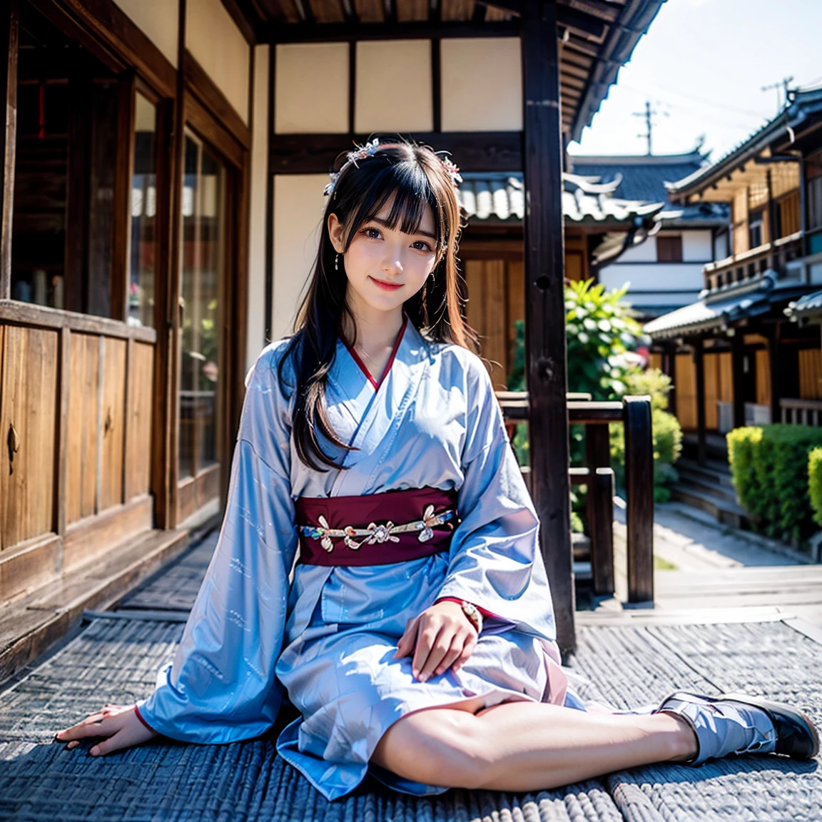 ((最high quality, 8k, masterpiece: 1.3, Ultra HD, high quality, 最high quality, High resolution, realism)) 、Beautiful Japan woman at 22 years old、Straight hair、smile、Slender body、Wear accessories on your wrist、Sitting on the balcony of a Japanese house in the countryside of Japan、Sleeping on your back、summer、Wind chimes are hanging from the eaves.、barefoot、fan、In front of the balcony is a courtyard.、wear a Yukata
