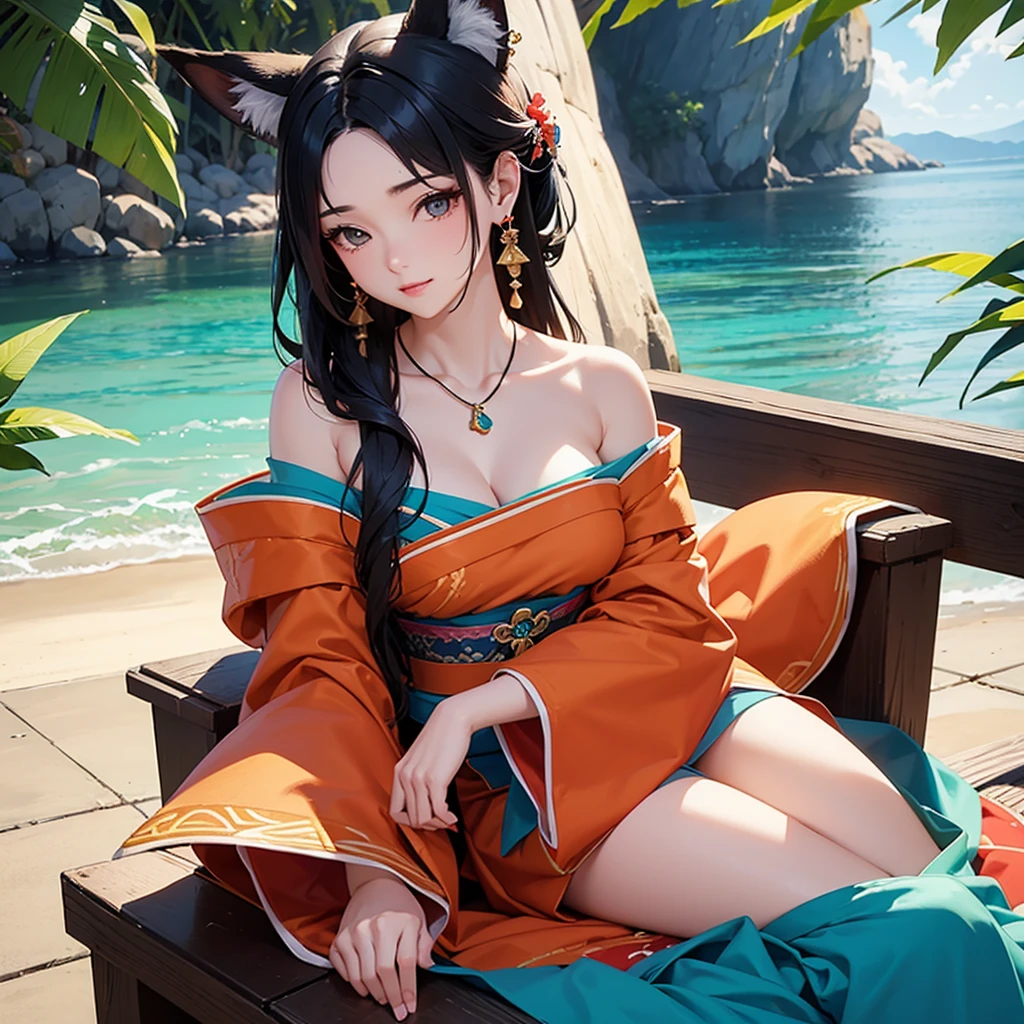 Camera angle looking down from above。Sitting flat on a reclining chair、A beautiful woman with big breasts and fox ears stretches her legs and relaxes, gazing into the distance。Shiny kimono with off-the-shoulder sleeves and a skirt。hair ornaments、Earrings、necklace。