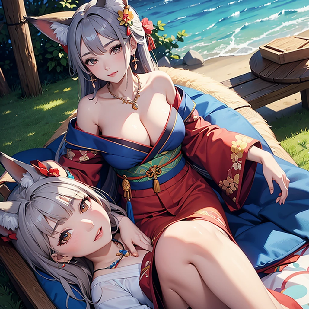 overhead camera angle。A beautiful woman with big breasts and fox ears relaxes in a reclining chair and stares into the distance。Random colored kimono with off-the-shoulder sleeves and skirt。hair ornaments、Earrings、necklace。