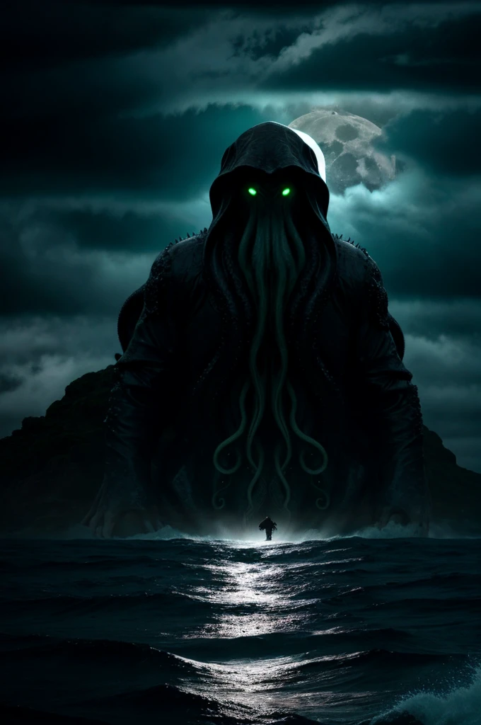 Cthulhu、darkness、Ocean、rain、fog、Giant monster、fear、unmanned、Tentacles、moon、Cloudy、universe、Realistic photos、high resolution