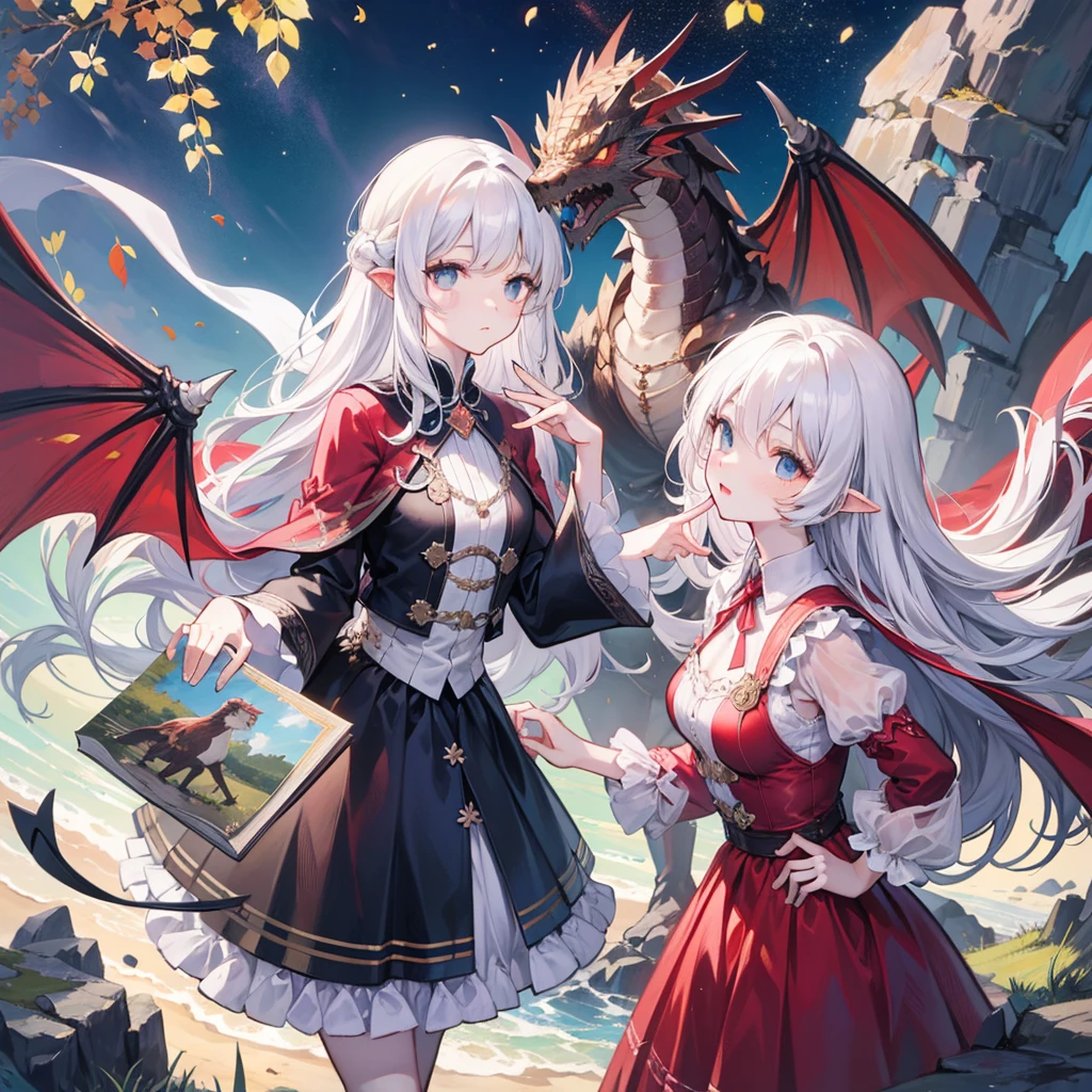 Fairy tale picture book,Grimm's fairy tales,picture,A collection of stories,daughter(Facial details),Dragon Wing,Block out the sky,Dragon's Roar,flying into the sky,Dragon Claw,Tearing the Dome of Heaven,Dragon's foot,Standing on the ground。girl