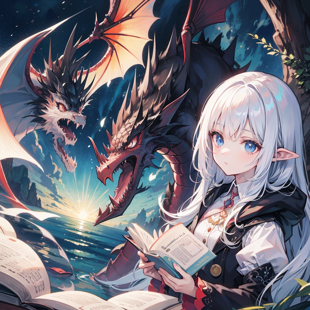 Fairy tale picture book,Grimm's fairy tales,picture,A collection of stories,daughter(Facial details),Dragon Wing,Block out the sky,Dragon's Roar,flying into the sky,Dragon Claw,Tearing the Dome of Heaven,Dragon's foot,Standing on the ground。girl