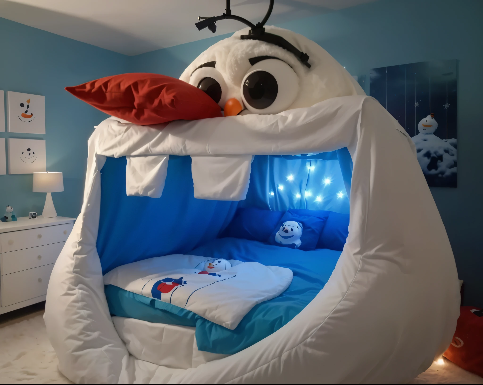 a close up of a cama with a snowman head on it, cama, miniatura do youtube, inside a child's camaroom, cama is not made, in a camaroom!!!!!!!!!!!!!!!!!!!!, with a bunk cama, congeladas, 🕹️ 😎 🔫 🤖 🚬, inspirado em Olaf Rude, large comfy cama, childs camaroom, in the camaroom at a sleepover