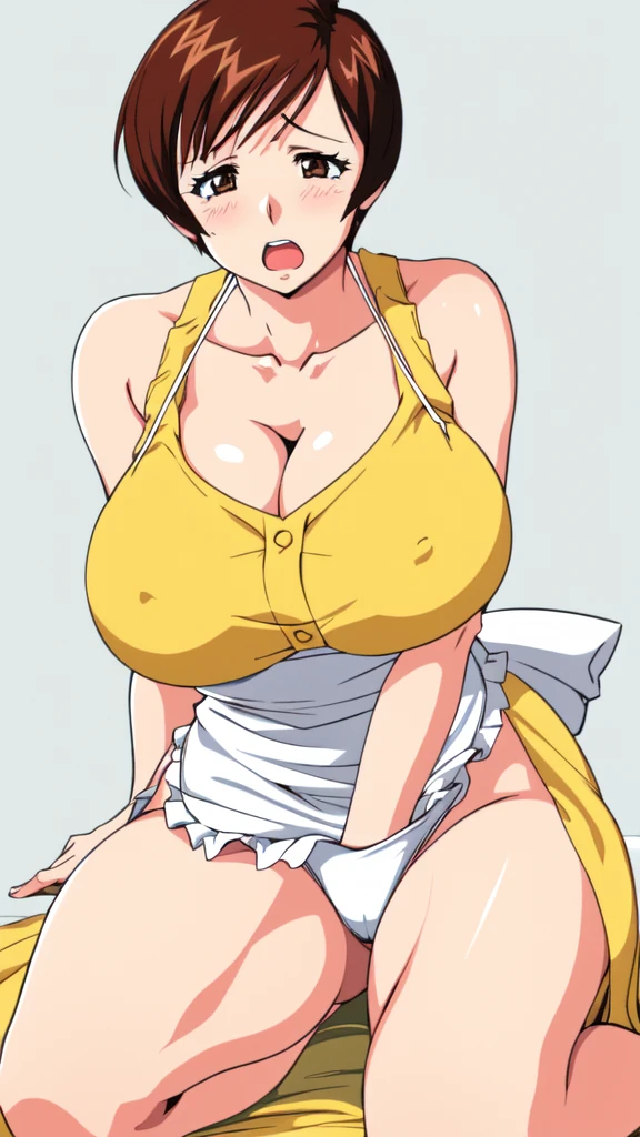 masterpiece, highest quality, High resolution, One girl, alone, sexual intercourse, Pornographic images, short hair, etsukoto, Fine grain, Fine grain, (((Thick thighs, Plump thighs, Voluptuous thighs, Enough thighs))), Big and ample breasts, Cleavage, Huge long breasts, Naughty big,((Big breasts are important))、((Naughty thighs)), L Cup, (thin:1.4),(Narrow waist:1.4), (Perfect beautiful yellow dress:1.4), ((white waist apron)), anguish, open mouth, (((simple background))), ((White panties)), ((Wide Hips)), Shiny oily skin, Mature mother, Calf, Seductive mature woman, Perfect body, (((Thick))), Plus Size Model, etsukoto, blush, clavicle, retro artstyle, 1990s (style), full body, feet,