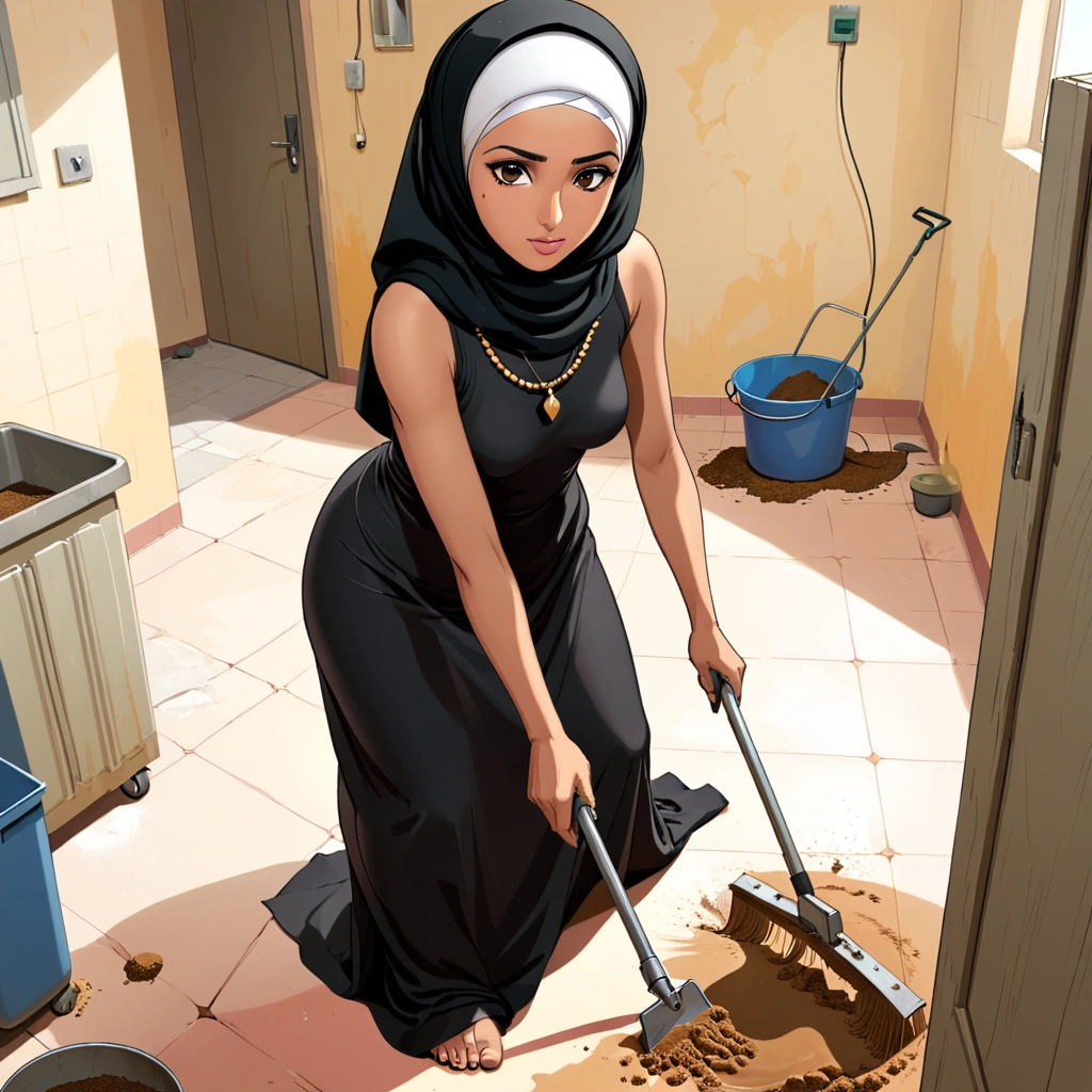 Kurdish woman in brown straight hijab nude arm nude shoulder breasts nude cleaning the ground housekeeping sitting doggy pose in bathroom view from up looking down one hijab 