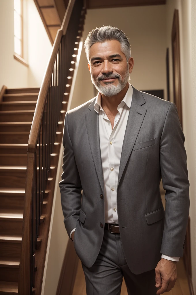 Adult Latino man, 50 years old, climbing a staircase, celebrating a victory, with distinct facial features, gray hair, lumberjack beard, clear and penetrating skin. Stylish office suit, full body, intricate details, sharp focus, smiling, photorealistic, Highly detailed and epic, masterpiece quality, best representation of realism, 8k Ultra High Definition, detailed skin texture, soft lighting, film grain , DSLR photography.