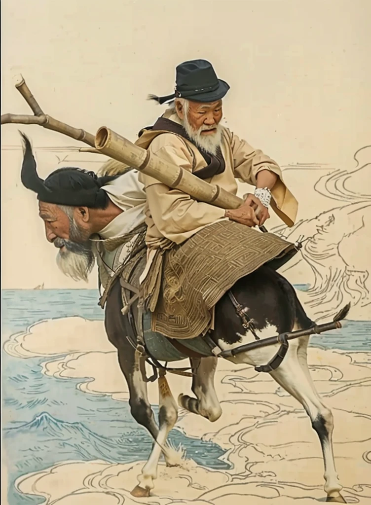 a chinese old man touching his white beard and riding a donkey, holding a bamboo with a Y stick inside the bamboo, donkey walk on cloud, ocean background,  donkey kicking leg