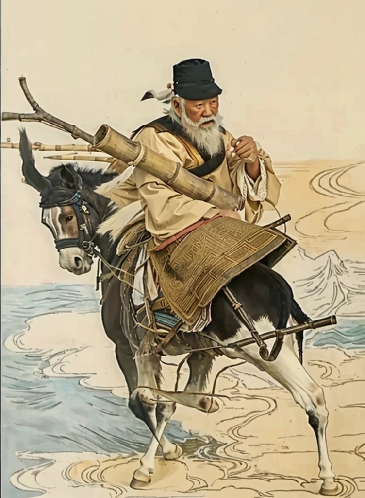 a chinese old man touching his white beard and riding a donkey, holding a bamboo with a Y stick inside the bamboo, donkey walk on cloud, ocean background, donkey kicking leg