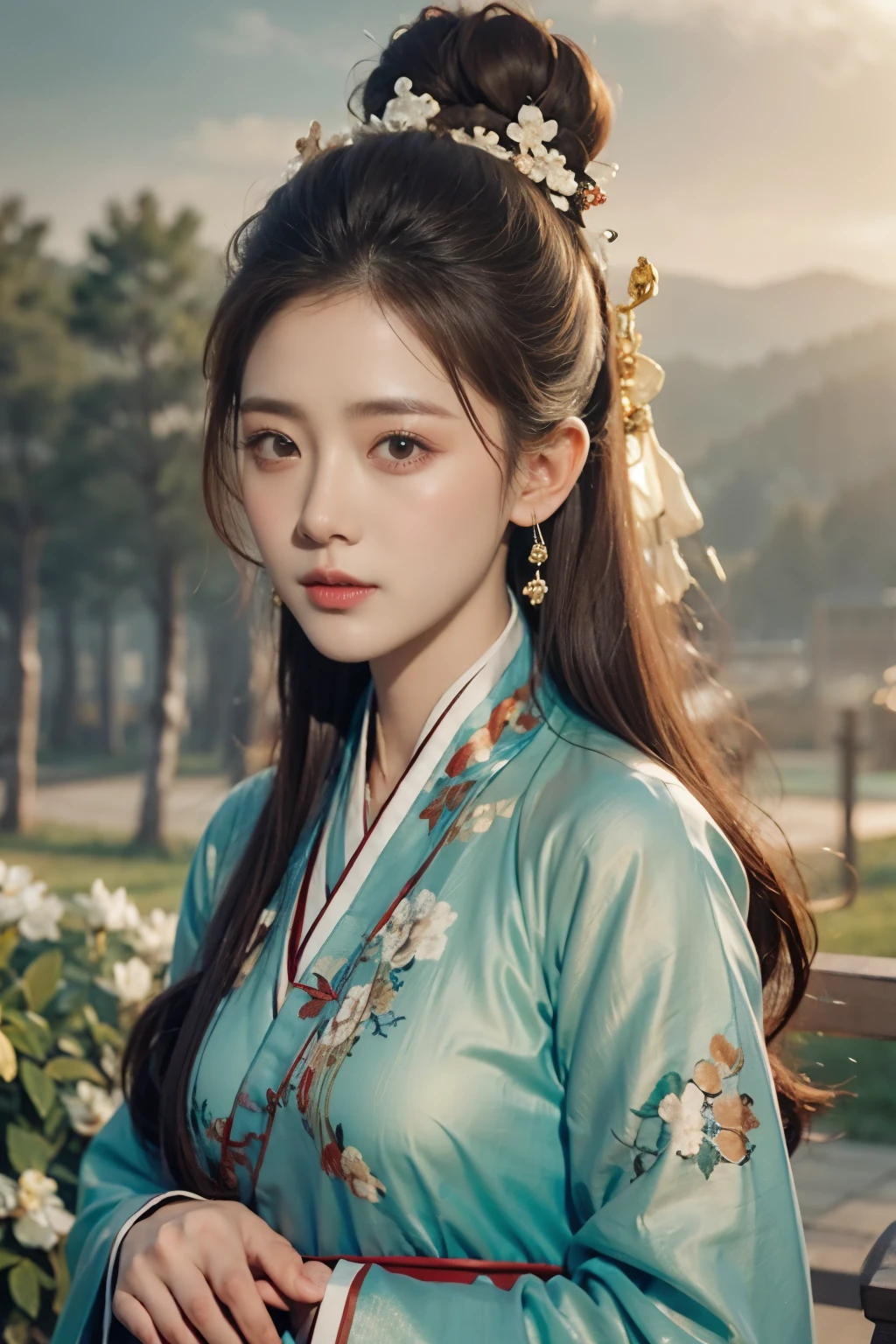 1girl,Hanfu,close-up,cloud,blue sky,looking at viewer,photorealistic,realistic,solo,