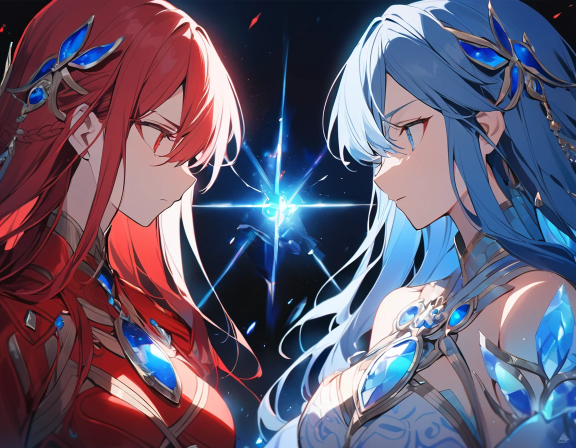 Two girls, blue haired goddess, red haired goddess, facing each other, conflict, blue jewel, blue world, blue light, red jewel, red world, red light,