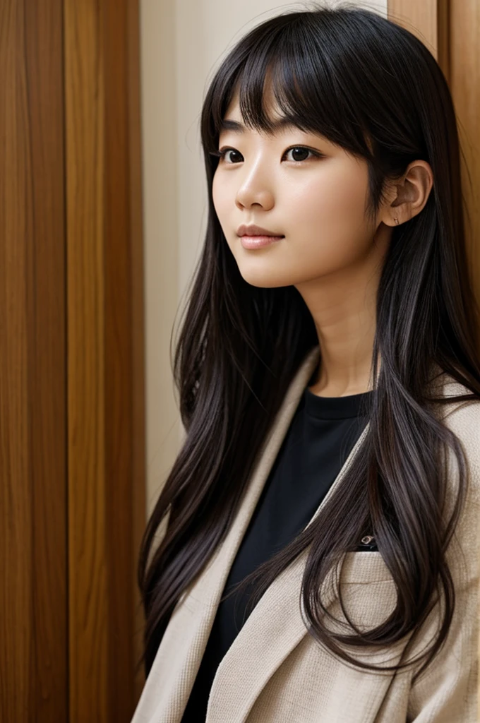 Create a picture of a beautiful japanese girl long hair have a bang age about 20 years old height around 160 cm. 