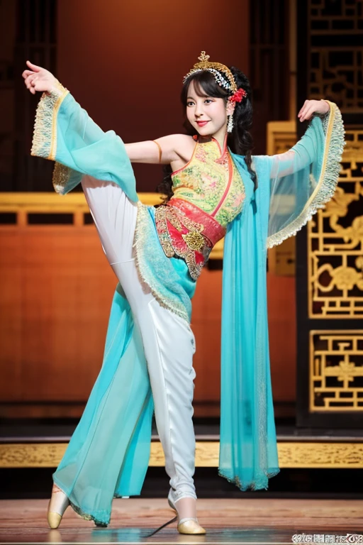 The woman is wearing a chiffon oriental ancient dance costume, a tulle shawl on the outside, and chiffon trousers on the bottom. She is an oriental beauty with a very Chinese style. The costume is very Song Dynasty style. She has her back to the woman, her hips are raised, her pants are wet, and she has a very delicate face. Her hair , straight and long
