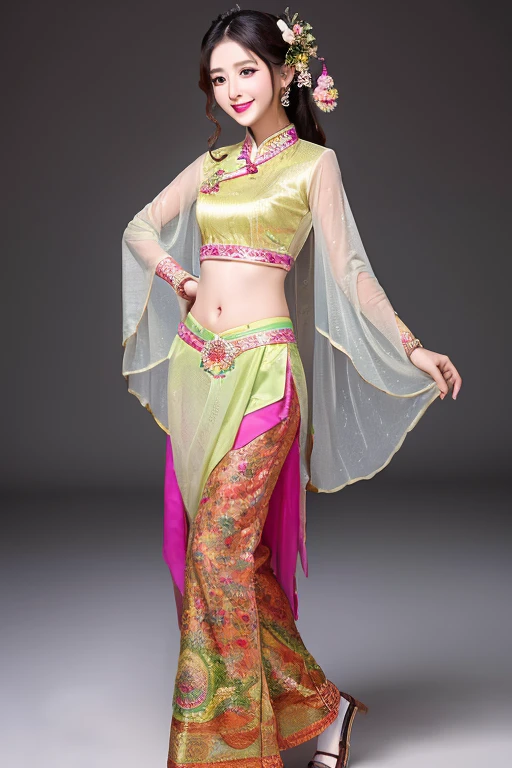 Cute indian girl wearing Asian night suit Rainbow Organza Fabric full body pic standing pic ,for selling product