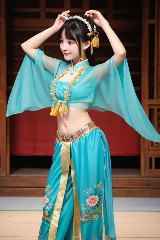 The woman is wearing a chiffon oriental ancient dance costume, a tulle shawl on the outside, and chiffon trousers on the bottom. She is an oriental beauty with a very Chinese style. The costume is very Song Dynasty style. She has her back to the woman, her hips are raised, her pants are wet, and she has a very delicate face. Her hair , straight and long