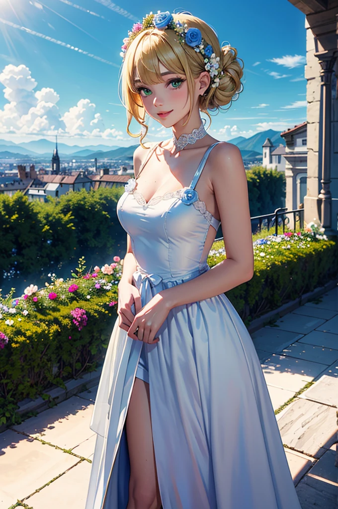 1girl, elaborate blonde updo hairstyle with bangs, almond shaped green eyes, wearing a white regency inspired dress with pastell green flower details, and flower accessories, slight makeup, rose lipgloss, smiling softly, absurdres, high res, ultrasharp, 8k, masterpiece, standing on a terrace, infront of a beautiful landscape, vibrant blue sky in the background