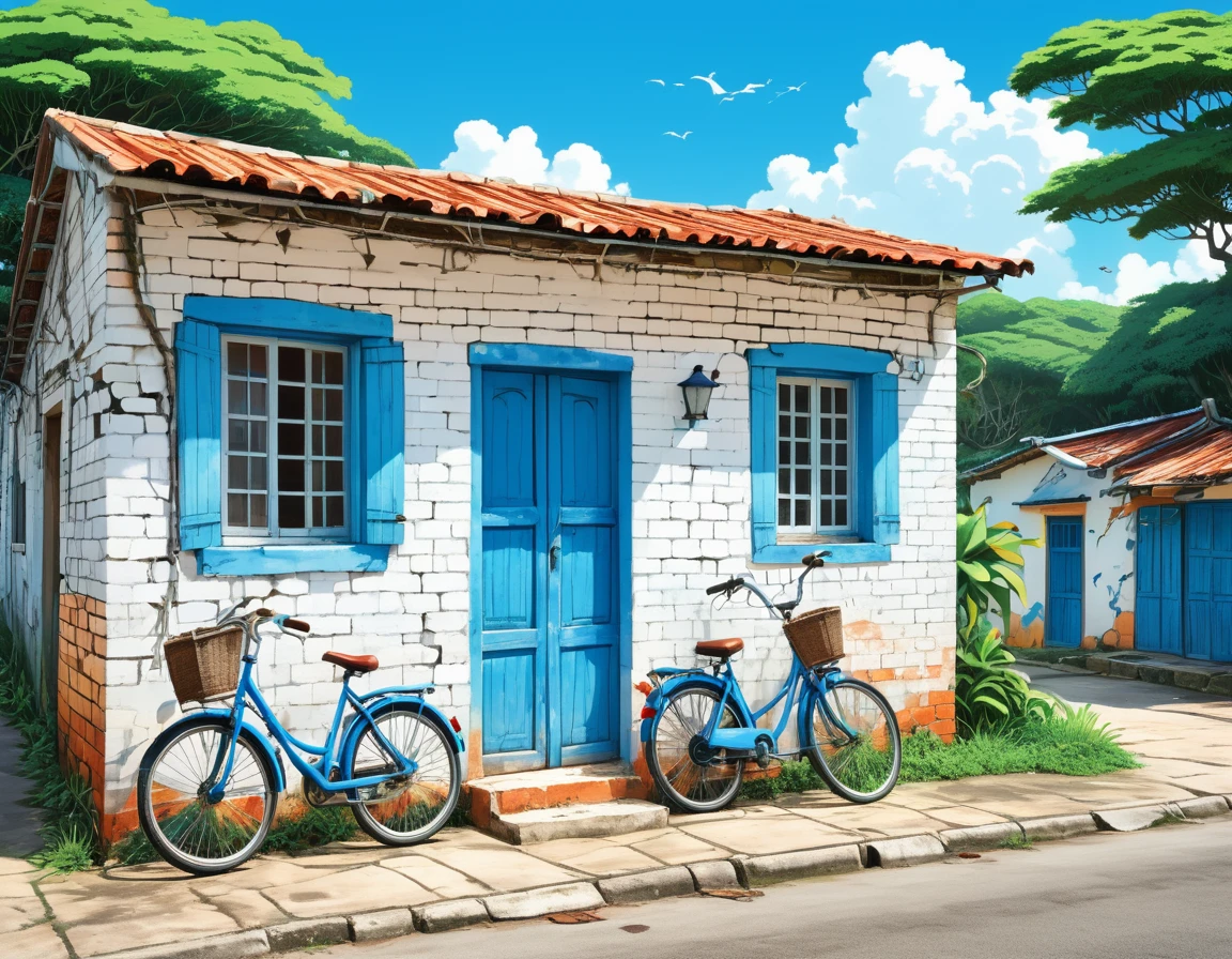 hyperrealistic 3D cartoon style beautiful one-story brazilian brick cabin painted in white, peeling wall paint, cracks and apparent infiltrations, at a coastal town of bahia with a blue bicycle parked in front, in studio ghibli art style , niji anime-manga art, vibrant colors, high contrast, high saturation, high resolution artwork, sharp focus, HDR. 32k, --stylize 1000