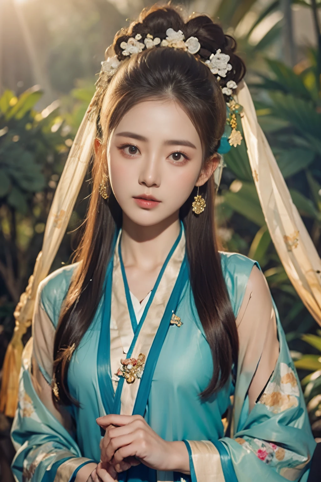 1girl,Hanfu,close-up,cloud,blue sky,looking at viewer,photorealistic,realistic,solo,