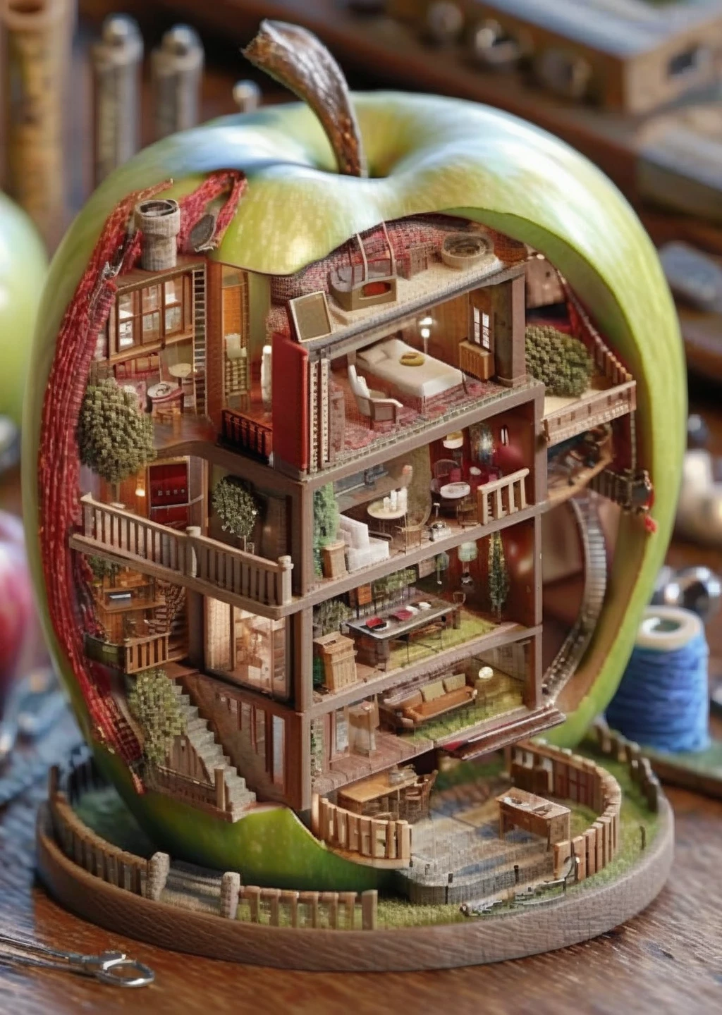 a miniature of a model of a house inside a apple, weaving a micro world of threads into garments that tell stories. , incredibly detailed, a microscopic photo, photorealism