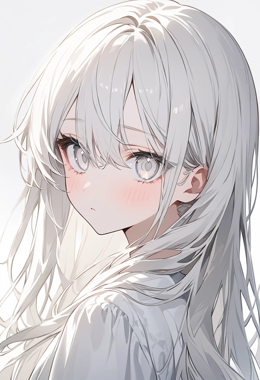 Anime Style、One person、One personの少女、off white色、off white、Girl、Light white hair、Hair color is off white、Thin hair white、Long Hair、Eye color is pale white、Pale white eyes、Off-white eyes、White eyes、真っWhite eyes、All of the eyes are off white、All-white girl、off white色のGirl、White background、White background、White room、There are highlights on the eyes、emotionless、cute、An endearing look、beautiful