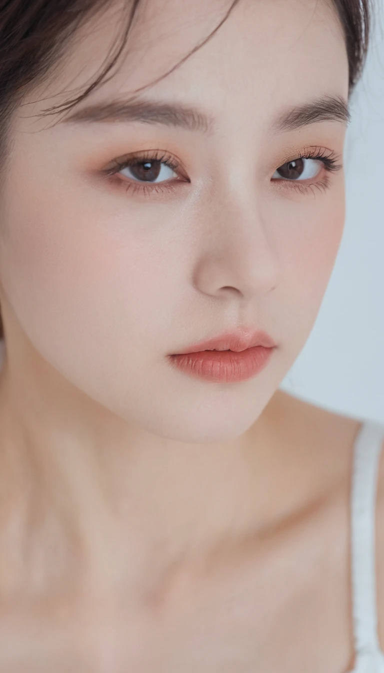 xxmixgirl, Analog Style, Eye focus, Highest quality, (Very detailed skin), Exquisitely beautiful white skin photos, 21 years old, Shortcuts、Perfect Face, Captivating eyes, (Seductive makeup: 1.3), Skin pores, (Bokeh:1.5), Sharp focus, Dappled Lighting, (Backlight), Film Grain, (Very detailed, Exquisitely crafted), 8k, High resolution, Front view, Studio Light, Very detailed顔, Fine grain, (double eyelid: 1.4), Aristogle, Brown eyes, (commercial: 1.6), (Seductive makeup), ((White studio background: 2))